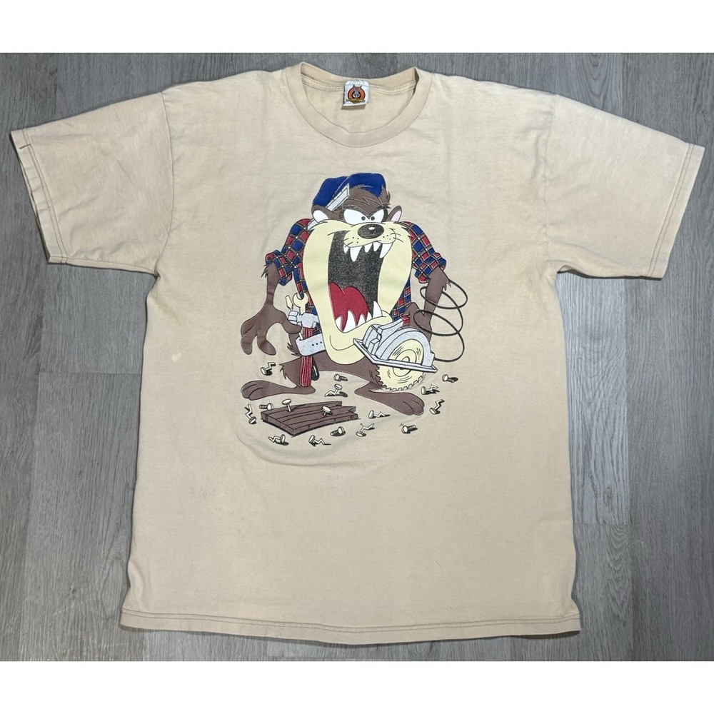 Vintage Looney Tunes Taz Shirt Mens Large Carpenter Saw Cartoon 90s Distressed